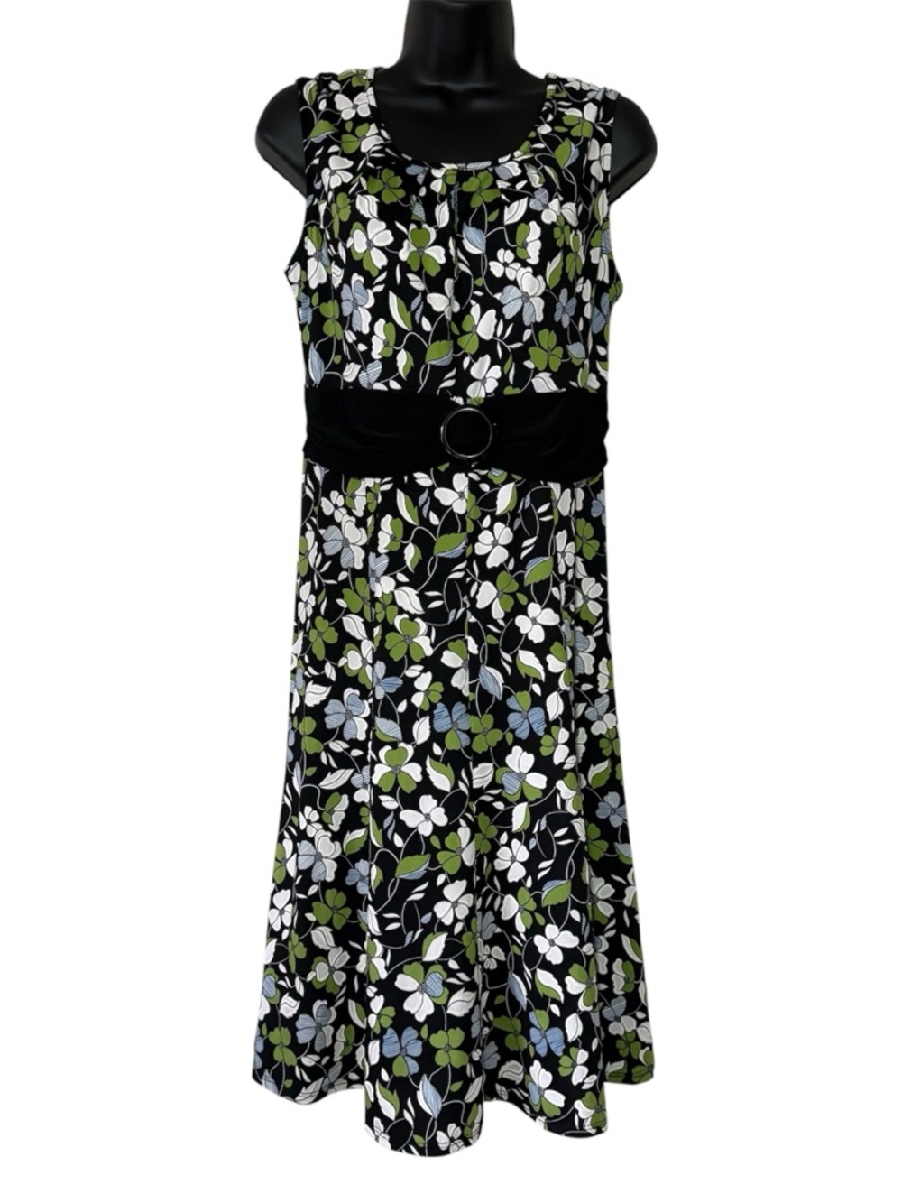 Tacera Black Floral Belted Midi Dress Scoop Neckline - Size S